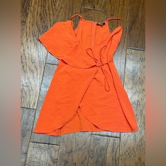 Lulus women’s Mia Rae orange asymmetrical mini wrap dress - Picture 6 of 10